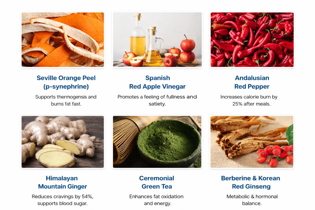 CitrusBurn ingredients breakdown including Seville orange peel, red apple vinegar, red pepper, ginger, green tea, berberine and Korean ginseng
