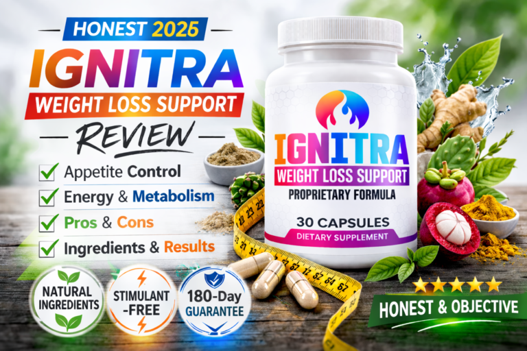 Ignitra Reviews 2026 featured image showing Ignitra Weight Loss Support bottle with focus on appetite control, metabolism, and stimulant-free formula