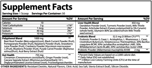 Finessa supplement facts label showing digestive health ingredients, probiotics, liver blend, and dosage information