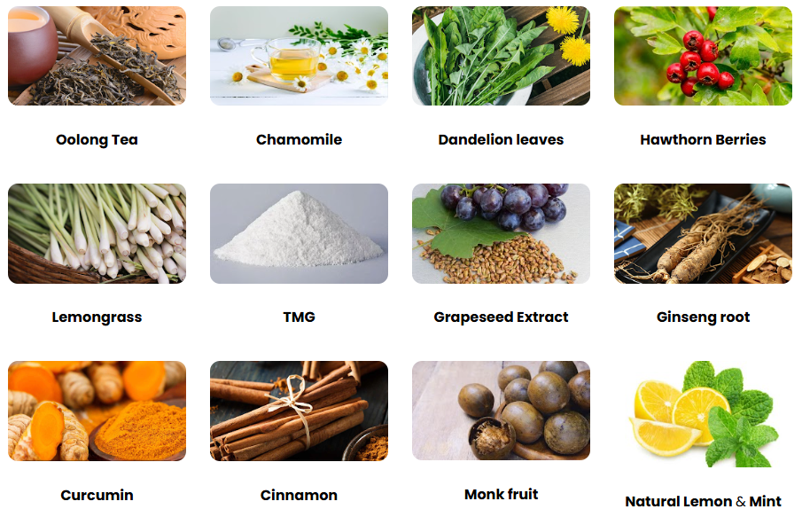 Cardio Slim Tea ingredients including oolong tea, chamomile, dandelion leaves, hawthorn berries, TMG, grapeseed extract, ginseng root, cinnamon, curcumin, monk fruit, lemon and mint