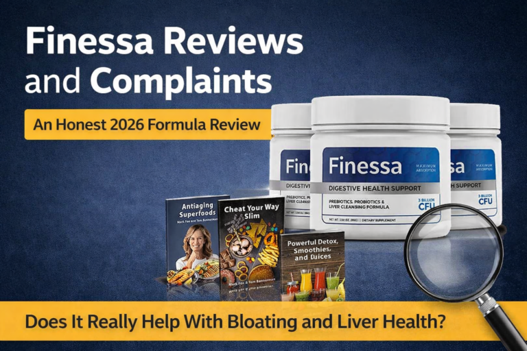 Finessa digestive health supplement bottles with bonus guides shown in a 2026 review about bloating and liver support