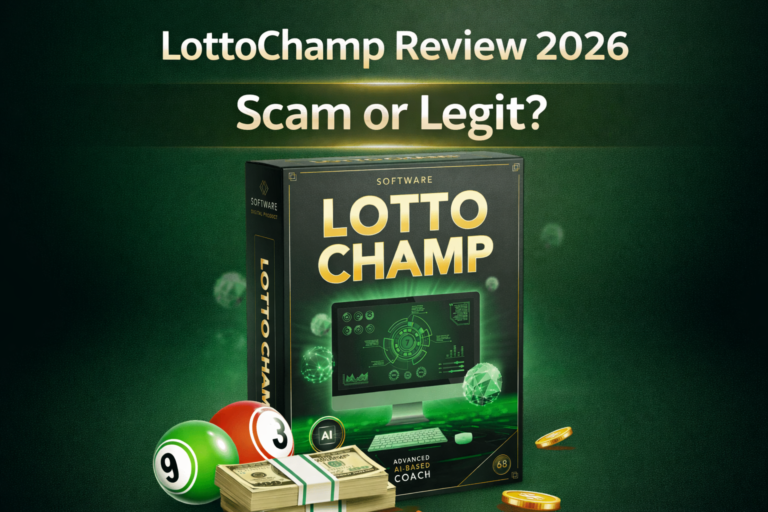 LottoChamp Review 2026 AI-powered lottery software dashboard with lotto balls and money stack