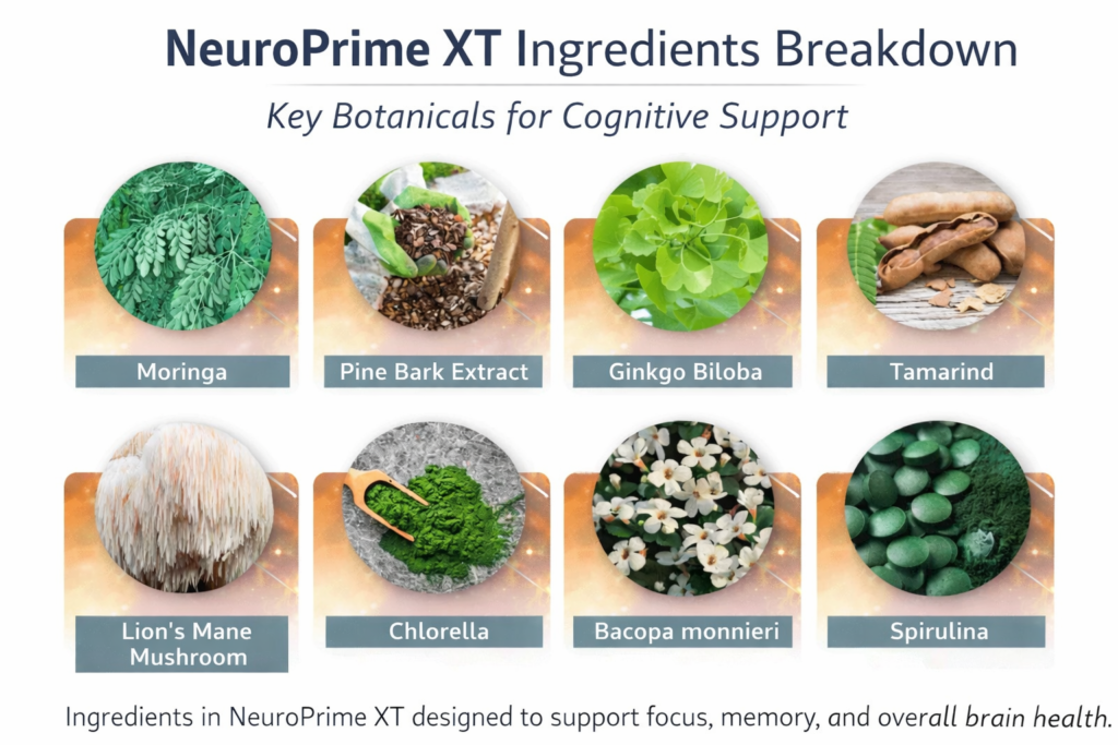 NeuroPrime XT ingredients breakdown infographic showing moringa, pine bark extract, ginkgo biloba, tamarind, lion’s mane mushroom, chlorella, bacopa monnieri, and spirulina for cognitive support.