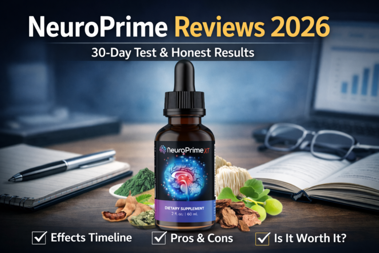 NeuroPrime XT brain supplement bottle with natural ingredients displayed in a professional review setting for a 30-day test and analysis.