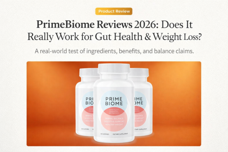 PrimeBiome synbiotic probiotic supplement bottles featured in a 2026 review analyzing gut health support and weight management benefits.