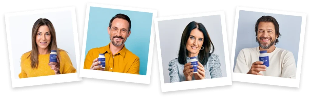 Customers holding ProvaDent oral probiotic supplement bottle in testimonial-style review photos