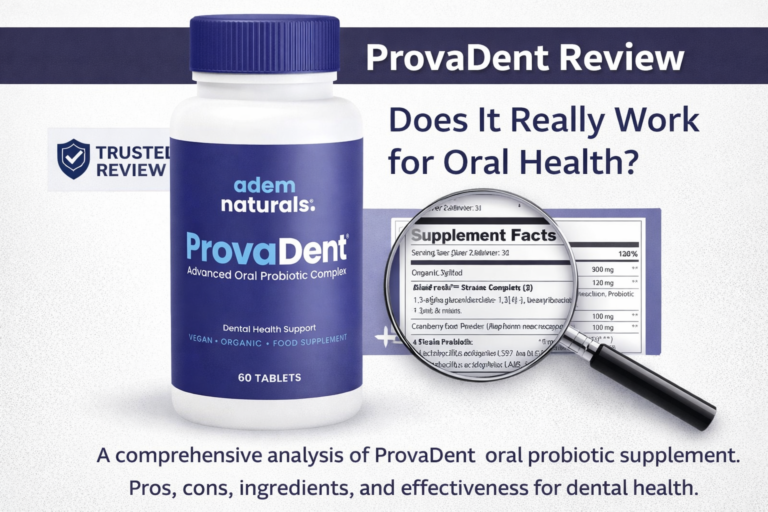ProvaDent advanced oral probiotic supplement bottle with supplement facts panel featured in an in-depth product review analysis
