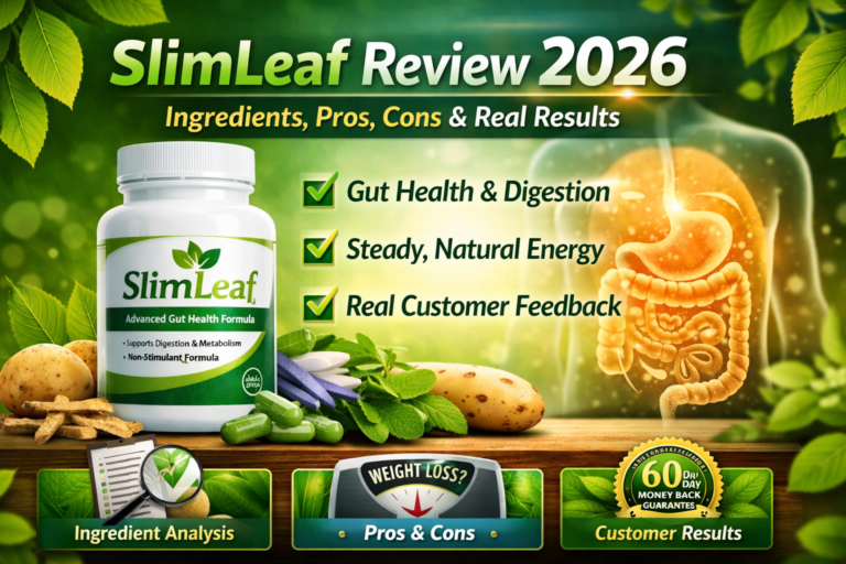 SlimLeaf Review 2026 bottle showing gut health formula, ingredients analysis, pros and cons, and real customer feedback