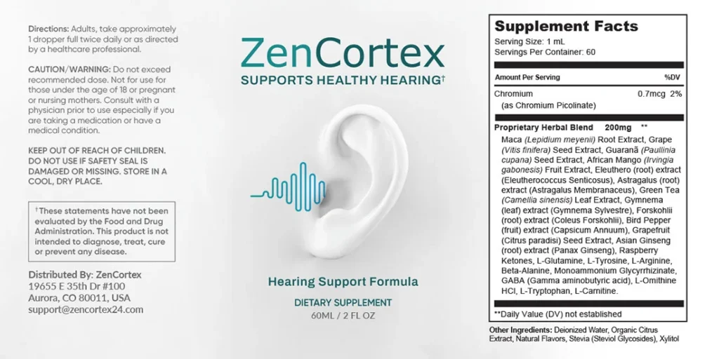 ZenCortex supplement facts label showing chromium dosage and proprietary herbal blend ingredients for hearing support