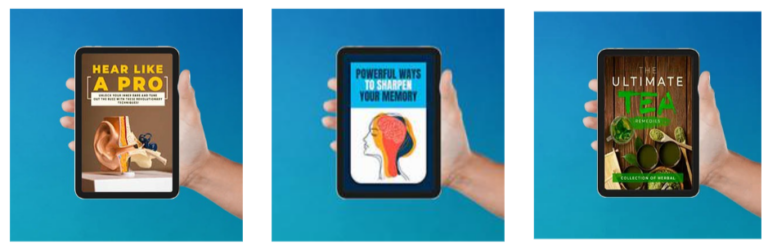 Whispeara bonus guides including Hear Like a Pro, Powerful Ways to Sharpen Your Memory, and Ultimate Tea Remedies shown on tablet screens.