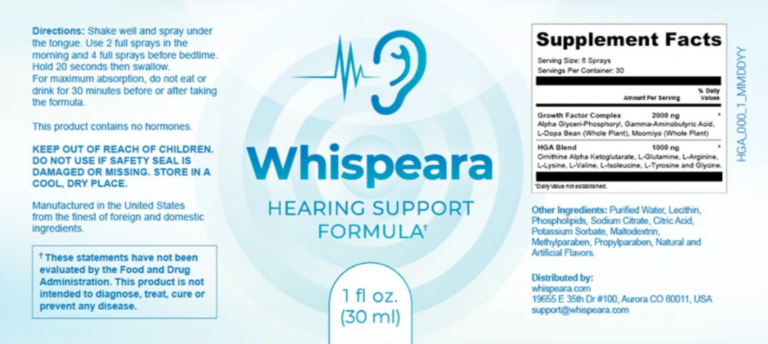Whispeara Hearing Support Formula supplement facts label showing ingredients, dosage directions, and manufacturing details.
