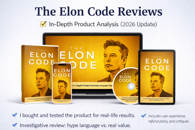 The Elon Code Reviews 2026 featured image showing audio program package with laptop, tablet, phone, and CD during in-depth product analysis