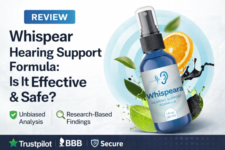 Whispear Hearing Support Formula review image showing the 1 oz spray bottle with citrus ingredients, featured in a 2026 investigative product analysis.